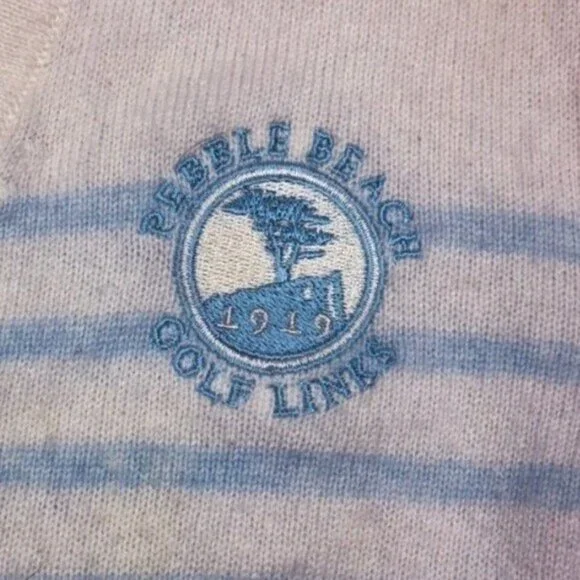100% Cashmere Pebble Beach Blue and White Striped V Neck Golf Sweater - Picture 8 of 11